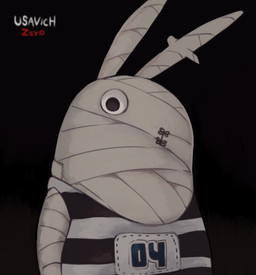 2015 anthro bandage black_background clothed clothing ichthy0stega kirenenko lagomorph leporid looking_at_viewer mammal rabbit simple_background solo usavich