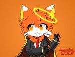 Rating: s
ID: 5543443
Date: 2025-05-02 05:56:45 -0400
Status: active
Score: 8
ambiguous_gender angle anthro canid canine canis chinese_text cloak clothing domestic_dog fur halo hi_res hongyuluo limbus_company looking_down mammal orange_body orange_fur project_moon shirt solo suit_jacket text tied_shirt topwear yellow_eyes post #5543443