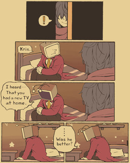 Rating: s
ID: 5669999
Date: 2025-06-26 22:39:18 -0400
Status: pending
Score: 6
ambiguous_gender antennae_(anatomy) bed bedroom comic darkner deltarune detailed_background dialogue duo electronics exclamation_point for_a_head furniture hair hi_res human humanoid humor kris_(deltarune) male mamaito mammal necktie not_furry object_head pointy_nose screen screen_face screen_head sitting speech_bubble television tenna_(deltarune) tv_head undertale_(series) post #5669999