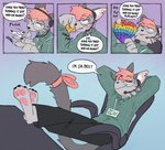 Rating: s
ID: 5576915
Date: 2025-05-16 15:42:13 -0400
Status: pending
Score: 18
anthro biped chair clothed clothing collared_shirt comic dialogue domestic_cat dress_shirt electronics english_text eyewear felid feline felis fidget_spinner furniture glasses headgear headphones headset hi_res lanyard male mammal martindosent pawpads ribbons roka_(rokapop) shirt solo text topwear working post #5576915