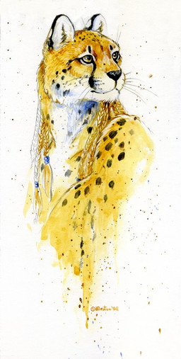 2008 anthro artist_name braided_hair cheetah dated english_text felid feline fur hair half-length_portrait handwritten_text heather_bruton male mammal markings nude portrait simple_background solo spots spotted_body spotted_fur text three-quarter_view traditional_media_(artwork) white_background