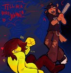 Rating: s
ID: 5644744
Date: 2025-06-15 18:27:08 -0400
Status: active
Score: 23
angry anthro antlers band_shirt baseball_bat bat_(object) bottomwear brown_body brown_fur brown_hair buckteeth cervine chain clothing covered_eyes covering covering_face dark_hair deer deltarune denim denim_bottomwear denim_clothing dess_holiday duo edgyblackcat female footwear fur green_clothing green_sweater green_topwear hair heart_symbol hi_res holding_baseball_bat holding_object horn human jeans kris_(deltarune) laugh male mammal new_world_deer nine_inch_nails one_eye_obstructed open_mouth pants red_nose red_text reindeer roaring_knight shadow shirt shoes sweater tail teeth text threatening threatening_violence threatening_with_weapon topwear torn_bottomwear torn_clothing torn_pants undertale_(series) yelling yelling_at_another post #5644744