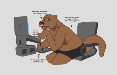 Rating: s
ID: 5657516
Date: 2025-06-21 06:53:22 -0400
Status: active
Score: 14
anthro bad_posture biped black_text breasts brown_body chair cinder_block cleavage clothed clothing computer directional_arrow drawing drawing_tablet electronics english_text female furniture gold_ear_piercing gold_nose_ring hi_res holding_object holding_pen keyboard_shortcut laptop looking_at_computer looking_at_object mammal mustelid office_chair open_mouth otter otter_(oystr) oystr pen shorts_only simple_background sitting slightly_chubby solo text topless typing white_background post #5657516