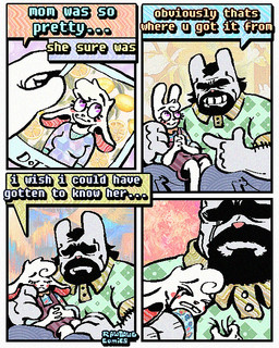 Rating: s
ID: 5715419
Date: 2025-07-17 17:59:35 -0400
Status: active
Score: 19
4:5 anthro beard bingus_(rawdawgcomics) bodily_fluids bow_tie cheek_spots clothing comic crying dialogue duo ears_down english_text eyes_closed eyewear facial_hair father_(lore) father_and_child_(lore) father_and_son_(lore) fur glasses grin hi_res lagomorph leporid male mammal mustache overalls parent_(lore) parent_and_child_(lore) parent_and_son_(lore) pivoted_ears polaroid_photo rabbit rawdawgcomics sad size_difference smile son_(lore) tears teeth text tooth_gap white_body white_fur wide_eyed post #5715419