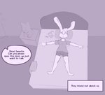 Rating: s
ID: 5146686
Date: 2024-10-29 09:32:25 -0400
Status: active
Score: 25
agidyne anthro bed bottomwear clothing dialogue english_text female furniture grabbing_sheets hotpants lagomorph lying mammal monochrome offscreen_character on_back plushie purple_and_white ringing_phone rose_(agidyne) shorts shoulder_strap shoulderless_shirt solo text wristband post #5146686