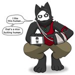 1:1 4_toes 5_fingers absurd_res anthro bandage black_body black_fur bottomwear brown_bottomwear brown_clothing brown_pants canid canine canis cellphone changed_(video_game) clothing cosplay crossover crossover_cosplay crouching electronics english_text far_cry far_cry_3 feet fingers fur gesture ghatos green_pendant hand_gesture hi_res holding_object holding_phone jewelry lin_(changed) male mammal open_mouth pants pendant phone pointing pointing_at_object pointing_at_phone profanity puro_(changed) red_clothing red_shirt red_tank_top red_topwear shadow shirt simple_background smartphone solo speech_bubble tank_top text toes topwear ubisoft vaas_montenegro white_background white_eyes white_mask wolf