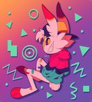 1980s_theme 3_toes 80's_attire anthro backwards_baseball_cap backwards_hat band-aid bandage barefoot baseball_cap black_sclera clothing colorful_theme feet generation_8_pokemon hat headgear headwear hi_res lagomorph leporid looking_at_viewer looking_back male mammal memphis_design micro_calves micro_legs micro_thighs nintendo plantigrade pokemon pokemon_(species) rabbit scorbunny skullrotte smile smiling_at_viewer solo sweater thin_calves thin_legs thin_thighs toes topwear