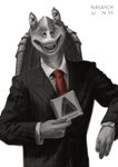 Rating: s
ID: 3734524
Date: 2022-12-06 01:59:38 -0500
Status: active
Score: 137
absurd_res alien american_psycho amphibian dated formal gungan haillu_(anatomy) hi_res jar_jar_binks male nasaych necktie otolla_gungan parody patrick_bateman simple_background solo star_wars star_wars:_the_phantom_menace white_background post #3734524