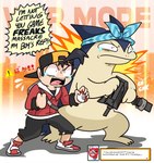 Rating: s
ID: 5117645
Date: 2024-10-15 21:13:37 -0400
Status: active
Score: 270
2024 2024_pokemon_gigaleak 5_fingers anthro biped clothed clothing dialogue duo english_text ethan_(pokemon) fingers generation_2_pokemon gun hair hat headgear headwear hi_res holding_gun holding_object holding_pokeball holding_ranged_weapon holding_weapon humor justice_for_typhlosion male mattyburrito nintendo open_mouth pokeball pokemon pokemon_(species) ranged_weapon speech_bubble text typhlosion weapon post #5117645