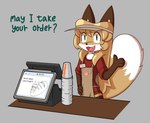 Rating: s
ID: 4974100
Date: 2024-08-09 07:23:46 -0400
Status: active
Score: 22
aigsaft anthro apron averi_(fiddleafox) brown_body brown_fur canid canine cashier clothing conditional_dnp dipstick_tail english_text female female_anthro fox fur furniture gloves_(marking) green_eyes hair hand_on_hip hat headgear headwear leg_markings looking_at_viewer mammal markings popeyes simple_background socks_(marking) solo table tail tail_markings text white_body white_fur post #4974100