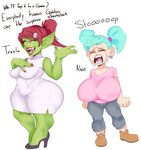 Rating: s
ID: 2218811
Date: 2020-04-16 09:31:28 -0400
Status: active
Score: 70
absurd_res big_breasts blizzard_entertainment bodily_fluids breast_size_difference breasts clothed clothing dialogue duo english_text female footwear gnome goblin green_body green_skin hi_res high_heels huge_breasts humanoid not_furry sharp_teeth shoes short_stack simple_background sundown_(artist) tears teeth text thick_thighs warcraft white_background wide_hips post #2218811