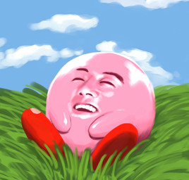 agedama alien ambiguous_gender cloud eyes_closed grass humanoid_face icon kirby kirby_(series) mammal nintendo not_furry open_mouth outside plant reaction_image sitting sky smile solo unavailable_at_source uncanny_valley unknown_species waddling_head what