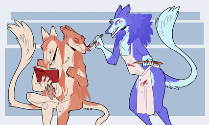 Rating: s
ID: 5553742
Date: 2025-05-06 18:58:55 -0400
Status: active
Score: 11
2_heads 2_tails 3_legs anthro apron blue_background blue_body blue_fur bodypaint book brown_eyes brush clothing crotch_tuft duo eyes_closed face_paint femboy fur futago_and_antifutago hamham_gd hi_res male male/male multi_head multi_tail paint paintbrush painting purple_body purple_fur reading reading_book red_body red_fur sergal simple_background sitting tail tan_body tan_fur tuft post #5553742