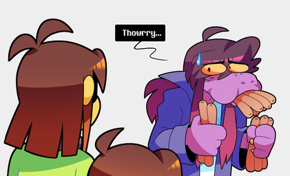 Rating: s
ID: 5752019
Date: 2025-08-02 18:53:44 -0400
Status: pending
Score: 36
2025 akanemnon anthro brown_hair deltarune female food freckles frisk_(undertale) group hair hot_dog human kris_(deltarune) male mammal purple_body scalie simple_background susie_(deltarune) text trio undertale undertale_(series) yellow_sclera post #5752019