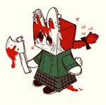 Rating: s
ID: 5590165
Date: 2025-05-22 04:52:51 -0400
Status: pending
Score: 1
accessory anthro axe blood blood_on_axe bodily_fluids bonnie_guerra bottomwear bow_ribbon braided_hair clothing cube_head ear_piercing female green_clothing green_sweater green_topwear hair hair_accessory hair_bow hair_ribbon half-closed_eyes heart_symbol hi_res holding_axe holding_object lagomorph laugh leporid mammal narrowed_eyes piercing rabbit red_eyes red_hair ribbons simple_background skirt smile solo square_head standing sweater topwear white_background post #5590165