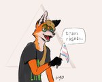 Rating: s
ID: 5659022
Date: 2025-06-21 20:19:16 -0400
Status: active
Score: 22
abstract_background anthro borealhao brown_hair canid canine clothed clothing conditional_dnp cute_fangs dialogue digital_media_(artwork) english_text eyewear facial_tuft fangs female flag flag_(object) fox fur glasses gloves_(marking) hair half-length_portrait holding_flag holding_object lgbt_pride linux mammal markings multicolored_body multicolored_fur orange_body orange_fur ponytail portrait pride_color_flag pride_colors print_clothing print_shirt print_t-shirt print_topwear red_fox shirt signature simple_background solo speech_bubble t-shirt teeth text text_on_clothing text_on_shirt text_on_t-shirt text_on_topwear text_print topwear trans_(lore) trans_woman_(lore) transgender_pride_colors true_fox tuft wearing_glasses white_body white_fur xenia_(linux) post #5659022