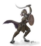 Rating: s
ID: 2765647
Date: 2021-06-01 18:46:02 -0400
Status: active
Score: 23
ambiguous_gender anthro arm_feathers armor bared_teeth belt breastplate carakav_(artist) claws clothed clothing curved_claws curved_sword destroyermen_series_(copyright) digitigrade dinosaur dromaeosaurid feathered_dinosaur feathered_scalie feathers fighting_pose finger_claws gauntlets gloves grey_body grik_(destroyermen) handwear head_feathers headgear hi_res leather leather_armor melee_weapon pose prehistoric_species red_body red_feathers reptile scalie shield shin_guards shoulder_guards simple_background solo sword tail tail_feathers taylor_anderson_(copyright) teeth theropod toe_claws torso_feathers watermark weapon white_background post #2765647