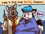 Rating: s
ID: 5008340
Date: 2024-08-24 23:57:03 -0400
Status: active
Score: 25
4:3 annoyed anthro bedding black_body black_fur blanket canid canine clenched_teeth clothed clothing collared_shirt dipstick_tail doctor duo ear_piercing ear_ring english_text facial_tuft fingers fiz_(fruitz) fox fruitz fur grey_body grey_fur head_tuft ill male mammal markings medical_instrument medical_thermometer necktie notched_ear open_mouth open_smile orange_eyes patient piercing purple_eyes rectal_thermometer ring_piercing runny_nose rut_(fruitz) scientific_instrument shirt smile speech_bubble stethoscope tail tail_markings teeth text thermometer thought_bubble topwear tuft whiskers white_body white_fur post #5008340