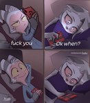 Rating: s
ID: 3156888
Date: 2022-02-03 13:55:33 -0500
Status: active
Score: 1557
2022 anthro bed blush canid canid_demon canine cellphone clothed clothing comic couple_texting_in_bed demon demon_humanoid digital_media_(artwork) duo electronics english_text female fur furniture grey_hair hair hellhound helluva_boss horn humanoid imp jizoku loona_(helluva_boss) lying male mammal meme moxxie_(helluva_boss) mythological_canine mythological_creature mythology on_back on_bed pajama_shirt pajamas phone profanity red_body red_sclera red_skin redraw smartphone smile text white_body white_eyes white_fur white_hair yellow_eyes post #3156888
