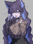 3:4 anthro blue_body blue_fur blue_hair blush bottomwear braided_hair choker clothed clothing digital_media_(artwork) domestic_cat felid feline felis female fully_clothed fur grey_background hair hi_res hyuri_kanya jewelry mammal multicolored_body multicolored_fur multicolored_hair necklace open_mouth piercing shaded shirt simple_background skirt smile solo suurin_2 text tongue tongue_piercing topwear two_beasts_or_not_to_beast two_tone_body two_tone_fur two_tone_hair yellow_eyes