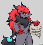 Rating: s
ID: 5570558
Date: 2025-05-13 21:50:46 -0400
Status: active
Score: 57
ambiguous_gender anthro biped black_body black_fur blue_eyes canid canine caught claws dogshaming english_text featureless_chest featureless_crotch finger_claws fur generation_5_pokemon grey_body grey_fur hair hand_on_hip hi_res interspecies long_hair looking_at_viewer mammal mane meme navel nintendo paper pokemon pokemon_(species) pokemorph pokephilia pouting pouting_lips red_body red_fur redfloofzoroark snout solo standing text zoroark post #5570558