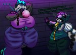 Rating: s
ID: 5592084
Date: 2025-05-23 03:07:10 -0400
Status: pending
Score: 1
anthro blue_body blue_fur breasts bubble_gum canid canine canis chain clothed clothing dark_body dark_fur destiny-yuuei dialogue duo female fur hi_res male mammal neon_dark_(destiny-yuuei) procyonid raccoon trick_(tricktrashing) wall_(structure) wolf post #5592084
