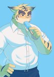Rating: s
ID: 5608957
Date: 2025-05-30 09:47:58 -0400
Status: active
Score: 3
2025 5_fingers absurd_res anthro belt blue_bottomwear blue_clothing blush bottomwear brown_body brown_fur brown_stripes clothing collared_shirt countershade_arms countershade_face countershade_fur countershade_torso countershading dress_shirt eyebrows felid fingers food fur hand_on_hip hi_res male mammal morenatsu multicolored_body multicolored_fur pantherine pawpads pink_pawpads popsicle ry_o shirt signature solo stripes tan_body tan_countershading tan_fur thick_eyebrows tiger topwear torahiko_(morenatsu) white_clothing white_dress_shirt white_shirt white_topwear yellow_body yellow_fur post #5608957