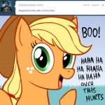 1:1 applejack_(mlp) ask_jappleack blonde_hair clothing cowboy_hat dialogue earth_pony english_text equid equine female feral freckles friendship_is_magic green_eyes hair hasbro hat headgear headwear horse hotdiggedydemon mammal my_little_pony on_model pony ponytail solo text tumblr