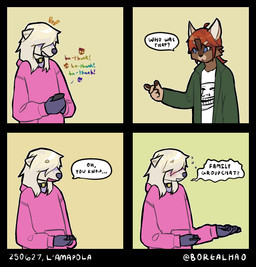 Rating: s
ID: 5670918
Date: 2025-06-27 12:00:42 -0400
Status: active
Score: 14
4_panel_comic ambiguous_gender anthro borealhao clothed clothing comic conditional_dnp dialogue digital_media_(artwork) domestic_cat domestic_ferret duo electronics embarrassed english_text felid feline felis freckled_face freckles fur hi_res humor lamapola looking_at_another mammal meme multicolored_body multicolored_fur mustelid musteline phone pink_clothing pink_sweater pink_topwear purple_body purple_fur signature simple_background speech_bubble sweater talking_to_another text topwear true_musteline vinea_(lamapola) weasel white_body white_fur post #5670918