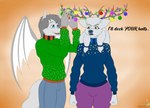 Rating: s
ID: 3910093
Date: 2023-03-05 15:06:20 -0500
Status: active
Score: 9
angry anthro antlers blue_bottomwear blue_clothing blue_pants blue_sweater blue_topwear bottomwear canid canine canis christmas christmas_clothing christmas_decorations christmas_lights clothed clothing digital_media_(artwork) duo english_text female fist fur green_clothing green_sweater green_topwear grey_hair hair holidays horn humanoid_hands jagoth_wolf jorge-the-wolfdog male male/female mammal ornament pants purple_bottomwear purple_clothing purple_pants simple_background smile sve_ulfrota sweater text topwear white_body white_fur white_hair wolf post #3910093