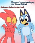 Rating: s
ID: 5662936
Date: 2025-06-23 16:13:38 -0400
Status: pending
Score: 4
3_fingers aaron_amethyst abstract_background absurd_res australian_cattle_dog bluey_(series) bluey_heeler canid canine canis cattledog crossover cute_fangs demon dialogue domestic_dog duo english_text eyelashes fangs female fingers gloves_(marking) hands_on_hips herding_dog hi_res imp leg_markings lgbt_pride low-angle_view mammal markings open_mouth pastoral_dog politics portrait pride_colors satina satina_(series) socks_(marking) teeth text three-quarter_portrait transgender_pride_colors wings yellow_inner_ear yellow_sclera post #5662936