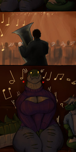 Rating: s
ID: 2138519
Date: 2020-02-03 23:28:46 -0500
Status: active
Score: 152
2019 5_fingers absurd_res alligator alligatorid anthro big_breasts biped brass_instrument breasts cleavage_cutout clothed clothing crocodilian curvy_figure cutout denali_karysh digital_media_(artwork) doctordj duo english_text female fingers fully_clothed glowing glowing_eyes green_body green_scales hair heart_symbol hi_res huge_breasts killerdragn kobold kobold_thief larger_female long_image male male/female music musical_instrument musical_note musical_symbol non-mammal_breasts open_mouth orange_eyes reptile scales scalie sharp_teeth sitting size_difference smaller_male smile speech_bubble sweater symbol tail tall_image teeth text thick_tail thick_thighs topwear torn_clothing tuba voluptuous white_hair wide_hips wind_instrument yellow_sclera post #2138519