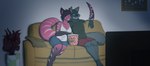 Rating: s
ID: 2976213
Date: 2021-10-15 13:20:18 -0400
Status: active
Score: 12
anthro black_body black_fur blue_eyes bottomwear breasts canid canine canis cleavage clothed clothing cuddling derrysome duo dusk_sharpclaw electronics female fish food fur furniture grey_body grey_fur hair layla_thompson leaning male mammal marine neck_tuft pillow pink_body plant popcorn purple_hair shark sharp_teeth shirt shorts smile sofa stripes tank_top teeth television topwear tuft wolf yellow_eyes post #2976213