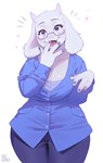 Rating: s
ID: 5664711
Date: 2025-06-24 12:02:59 -0400
Status: active
Score: 116
2025 absurd_res anthro aruurara big_breasts boss_monster_(undertale) bottomwear bovid breasts caprine clothing emanata eyebrows eyelashes eyewear female flesh_fang fur glasses goat heart_symbol hi_res horn mammal open_mouth open_smile pants purple_eyes smile solo toriel undertale_(series) white_body white_fur wide_hips post #5664711