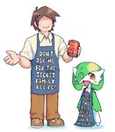 Rating: s
ID: 5591917
Date: 2025-05-23 00:01:55 -0400
Status: pending
Score: 33
apron clothing duo english_text eyeless female gardevoir generation_3_pokemon gesture hair hair_over_eye hi_res human humanoid humanoid_pointy_ears looking_at_viewer male mammal melfunnysmell nintendo not_furry open_mouth open_smile pointy_ears pokemon pokemon_(species) shrug simple_background smile text text_on_clothing white_background post #5591917