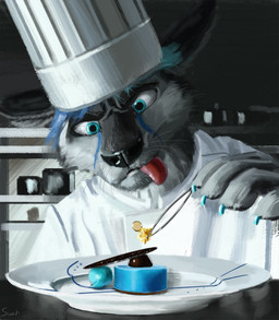 2016 absurd_res anthro arcturus_(arcturusthechusky) black_nose blue_claws blue_eyes blue_hair canid canine canis cheetah chef chef_hat claws clothed clothing concentration cooking dessert detailed detailed_background detailed_food domestic_dog felid feline food forceps fur grey_body grey_fur hair hat headgear headwear hi_res husky hybrid kitchen male mammal medical_instrument nordic_sled_dog pink_tongue plate restaurant scientific_instrument solo spitz surgical_instrument swish tongue tongue_out tweezers uniform whiskers