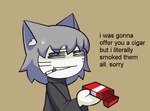 Rating: s
ID: 4241571
Date: 2023-08-19 00:30:39 -0400
Status: active
Score: 41
animal_humanoid black_clothing black_sweater black_topwear bodily_fluids cat_humanoid cigarette cigarette_box cigarette_in_mouth clothing english_text eyes_closed felid felid_humanoid feline feline_humanoid grey_hair hair holding_object humanoid inner_ear_fluff jami_purple male mammal mammal_humanoid melty_blood neco-arc_chaos neco_spirit object_in_mouth offering_to_viewer scar short_hair simple_background solo sweat sweatdrop sweater text topwear tsukihime tuft type-moon post #4241571
