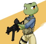 Rating: s
ID: 4381459
Date: 2023-10-29 15:41:31 -0400
Status: active
Score: 26
2022 amelia_(sandwich-anomaly) amphibian anthro black_clothing black_gloves black_handwear blue_clothing blue_shirt blue_topwear bottomwear bulletproof_vest clothed clothing eye_scar facial_scar female frog gloves green_body green_skin gun handwear holding_gun holding_object holding_ranged_weapon holding_weapon looking_at_viewer pants ranged_weapon sandwich-anomaly scar shirt simple_background solo standing submachine_gun tan_bottomwear tan_clothing tan_pants topwear ump-45 weapon yellow_eyes post #4381459