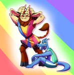Rating: s
ID: 5631098
Date: 2025-06-09 14:41:16 -0400
Status: active
Score: 2
2025 anthro blue_body blue_scales claws cleaveland_(dungeon_flippers) clothed clothing costume dragon dungeon_flippers duo ear_piercing european_mythology facial_hair fangs felid female flashy_clothes fur goatee half-closed_eyes hands_behind_head hi_res hooves horn iranian_mythology lgbt_pride lgbt_pride_month looking_at_viewer male mammal mane manticore maulie_(dungeon_flippers) middle_eastern_mythology multicolored_clothing mythological_creature mythological_scalie mythology narrowed_eyes piercing pointy_nose pride_color_background pride_colors scales scalie scorpion_tail simple_background sitting smile smiling_at_viewer standing tail teeth travis_fowler underbite western_dragon wide_eyed post #5631098