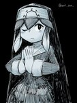 Rating: s
ID: 879583
Date: 2016-04-26 15:00:32 -0400
Status: active
Score: 9
2015 animal_humanoid black_background blush chichibu3 clothed clothing cosplay dagonian double_(skullgirls) female fish fish_humanoid greyscale half-length_portrait hands_together headdress humanoid looking_at_viewer marine marine_humanoid minette monochrome nun nun_outfit one_eye_closed portrait praying signature simple_background skullgirls solo wat_son_(artist) wide_hips post #879583