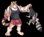 Rating: s
ID: 1139084
Date: 2017-02-15 17:52:29 -0500
Status: active
Score: 26
2017 anthro barefoot biceps black_background black_body black_fur black_nose bottomwear boxers_(clothing) bulge claws clothing duo eye_contact feet felid fur grey_body grey_fur jockstrap larger_male looking_at_another male mammal muscular muscular_male open_mouth orange_body orange_fur pantherine pants pecs procyonid raccoon raised_arm rollingstoneeeeee shirt simple_background size_difference smaller_male smile standing stripes suspension tank_top teeth thief tiger toe_claws toes topwear towel underwear white_body white_fur wristband post #1139084