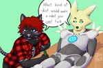 Rating: s
ID: 5578385
Date: 2025-05-17 07:20:41 -0400
Status: active
Score: 6
ambiguous_gender anthro bandai_namco black_body black_clothing black_fur black_shirt black_topwear blue_eyes bottomwear carpenter_brut clothed clothing dialogue digimon digimon_(species) digital_drawing_(artwork) digital_media_(artwork) domestic_cat duo english_text felid feline felis female_(lore) flannel flannel_jacket fur glowing glowing_eyes green_background hair male_(lore) mammal martin_shep metallic_body open_clothing open_shirt open_topwear pants red_hair renamon robot_anthro shaded shirt simple_background speech_bubble striped_body striped_fur stripes text topwear white_body white_fur yellow_body yellow_fur post #5578385