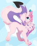 Rating: s
ID: 5648223
Date: 2025-06-17 08:09:22 -0400
Status: active
Score: 1
bloominglynx blue_eyes canid canine fangs female feral fur glistening glistening_eyes hi_res inner_ear_fluff looking_at_viewer mammal markings open_mouth open_smile pink_body pink_fur pink_inner_ear_fluff purple_body purple_fur purple_markings purple_nose quadruped side_view simple_background smile solo spade_tail tail teeth tuft post #5648223
