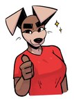 Rating: s
ID: 4269557
Date: 2023-09-02 19:33:11 -0400
Status: active
Score: 87
2023 anthro breasts bust_portrait button_ears canid canine canis clothed clothed_anthro clothed_female clothing crossgender digital_media_(artwork) domestic_dog eyebrows female female_anthro fingers floppy_ears gesture hand_gesture hi_res kom_(komdog) komdog looking_at_viewer mammal portrait red_clothing red_shirt red_topwear shirt simple_background smile smiling_at_viewer solo sparkles thick_eyebrows thumbs_up topwear white_background post #4269557