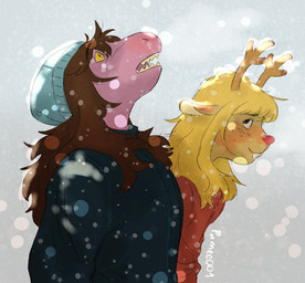 Rating: s
ID: 5671714
Date: 2025-06-27 17:29:35 -0400
Status: active
Score: 18
anthro antlers beanie black_clothing black_sweater black_topwear blonde_hair blush blush_lines brown_body brown_fur buckteeth closed_smile clothed clothed_anthro clothed_female clothing dark_hair deer deltarune duo eyebrows female female/female freckled_face freckles fur hair hat headgear headwear hi_res horn leaning leaning_forward long_ears long_hair looking_aside looking_at_another looking_up mammal mouth_closed new_world_deer noelle_holiday open_mouth pumee001 purple_body red_clothing red_nose red_sweater red_topwear reindeer reptile scalie sharp_teeth signature sky smile snow snowing susie_(deltarune) sweater teeth topwear undertale_(series) yellow_eyes yellow_sclera post #5671714