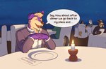 Rating: s
ID: 5556249
Date: 2025-05-07 19:52:38 -0400
Status: active
Score: 11
anthro bedroom_eyes blue_eyes brown_eyes candle candle_holder candlelight canid canine canis chair clothing cosmic_background date dialogue dinner flirting floppy_ears fur furgonomics furniture group hair heterochromia hi_res interlocked_fingers light male mammal narrowed_eyes night outside_view purple_body purple_fur restaurant romantic seductive sitting sky solo starry_background suit tan_body tan_fur tan_hair tennet tennettthedl wolf post #5556249