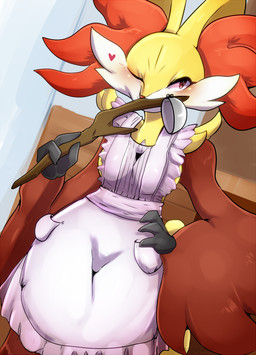 3_fingers anthro apron canid canine clothing delphox dutch_angle female fingers fur generation_6_pokemon hand_on_hip heart_symbol hi_res inner_ear_fluff kitchen_utensils ladle mammal nintendo one_eye_closed pokemon pokemon_(species) pupils ragujuka red_body red_fur slit_pupils solo standing stick tools tuft wink yellow_body yellow_fur