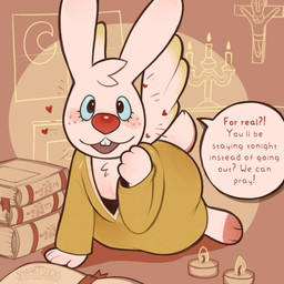 Rating: s
ID: 5174516
Date: 2024-11-11 04:41:05 -0500
Status: active
Score: 403
1:1 3_toes 4_fingers ambiguous/ambiguous ambiguous_gender angel angel_gabby angel_hare angel_hare_(the_east_patch) anthro bible bible_(object) blue_sclera blush book book_stack buckteeth candelabra candle candlestick chest_tuft christian_cross christian_symbol christianity clothing crescent_moon cross crucifix date_pov dialogue emanata feathered_wings feathers feet female fingers flat_chested freckled_face freckles gown happy head_tuft heart_symbol hi_res kneeling lagomorph leporid lit_candle long_ears looking_at_viewer mammal moon pink_nose rabbit religion religious_symbol robe scut_tail sharkysocks short_tail smile solo speech_bubble tail teeth the_east_patch toes tuft white_body wings yellow_clothing yellow_robe post #5174516