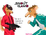 Rating: s
ID: 5315921
Date: 2025-01-18 19:08:51 -0500
Status: active
Score: 3
4:3 absurd_res anthro borzoi canid canine canis domestic_dog english_text guard_(squid_game) gun hi_res holding_object holding_weapon hunting_dog male mammal mask ranged_weapon rob_(roberttristeart) roberttristeart running sighthound solo sportswear squid_game tail text tongue tongue_out weapon post #5315921