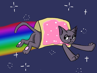 4:3 black_nose butt domestic_cat eyelashes felid feline felis female feral flying food food_creature fur grey_body grey_fur hi_res hybrid mammal meme nyan_cat nyan_cat_(copyright) pawpads paws pink_pawpads pop-tarts poptart_cat poptart_creature quadruped rainbow rainbow_trail sky solo space star starry_sky third-party_edit wasajoke
